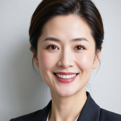 三十五岁左右女性头像,穿黑色职业套装,长发盘起,戴眼镜,正面微笑,浅米色背景,明亮自然光